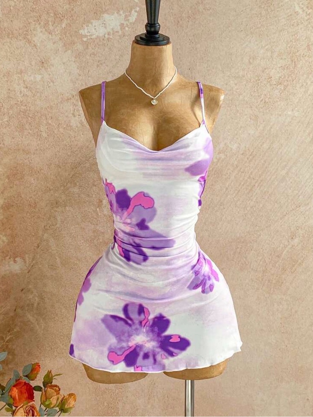 Lilac Floral Cowl Neck Slip Dress